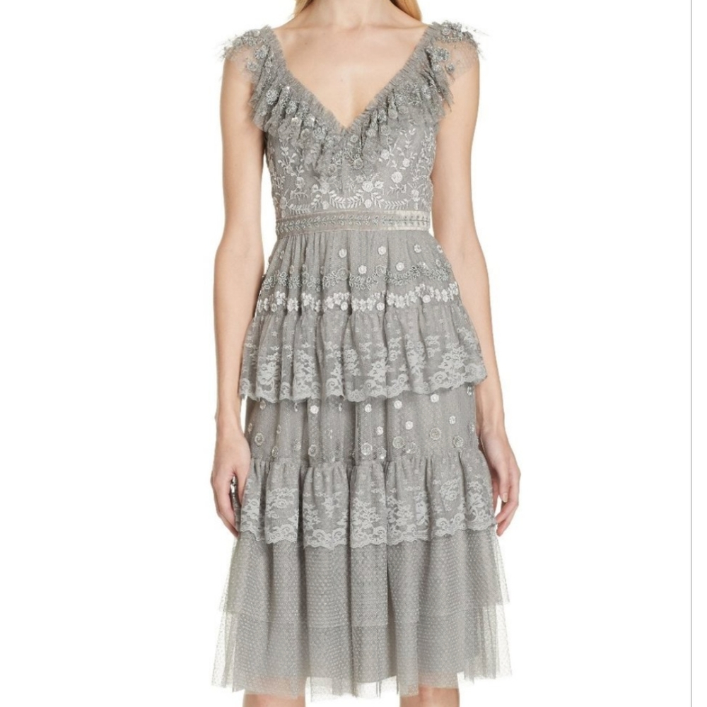 Needle & Thread Gray Tiered Lace Tea Dress